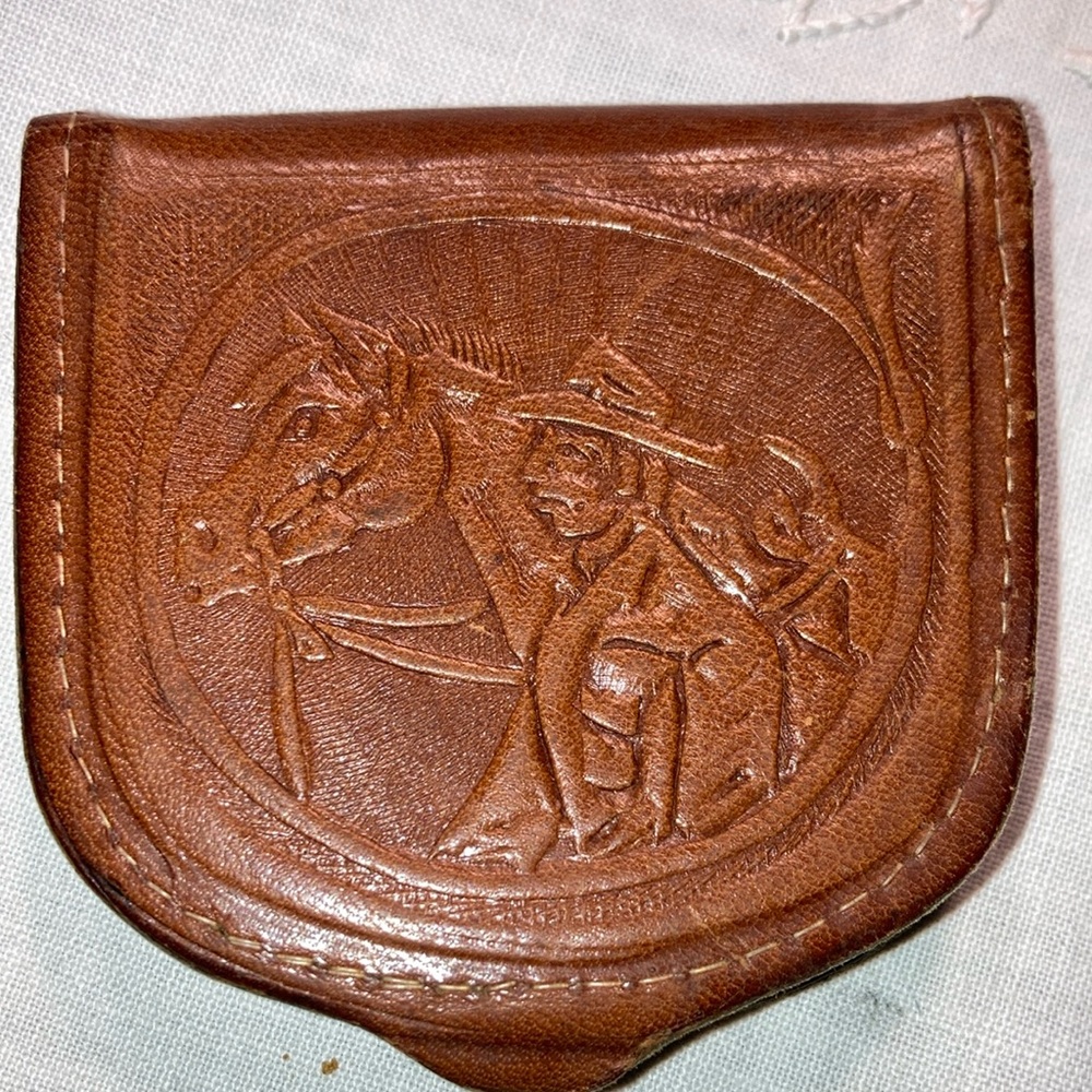 COIN PURSE caramel color leather from Mexico, embossed designs. $10